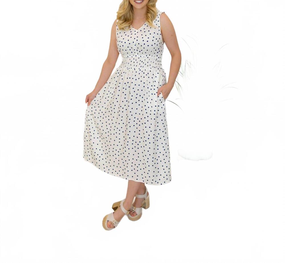 NEW CHARLIE B printed dress with smocking at waist in cream